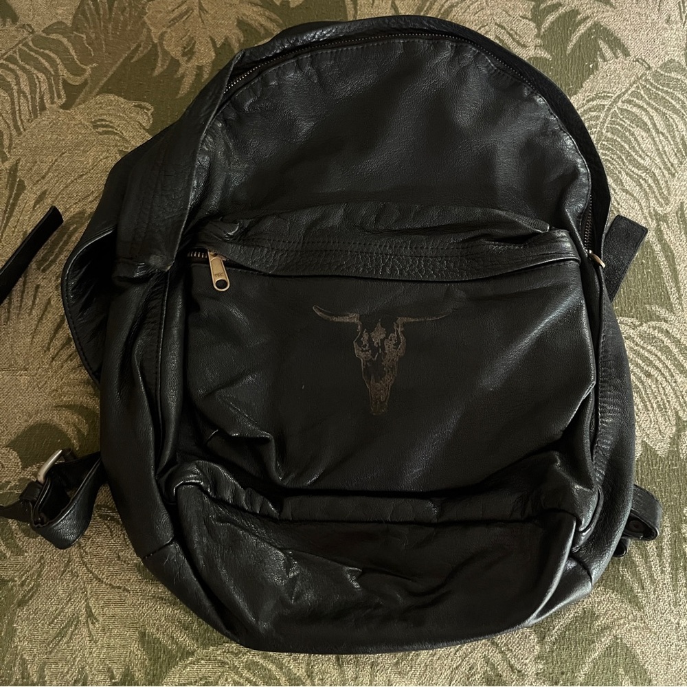 Black Faux Leather Backpack with Bull Skull Accent